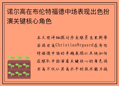 诺尔高在布伦特福德中场表现出色扮演关键核心角色