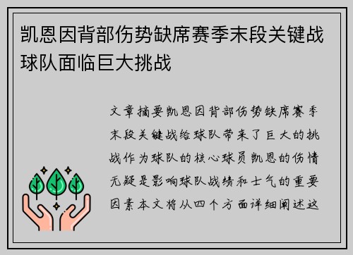 凯恩因背部伤势缺席赛季末段关键战球队面临巨大挑战
