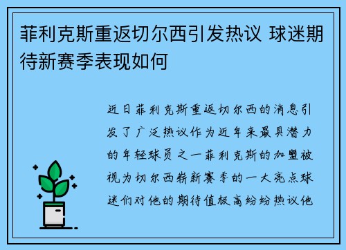 菲利克斯重返切尔西引发热议 球迷期待新赛季表现如何 菲利克斯重返切尔西引发热议 球迷期待新赛季表现如何