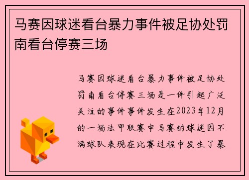 马赛因球迷看台暴力事件被足协处罚南看台停赛三场